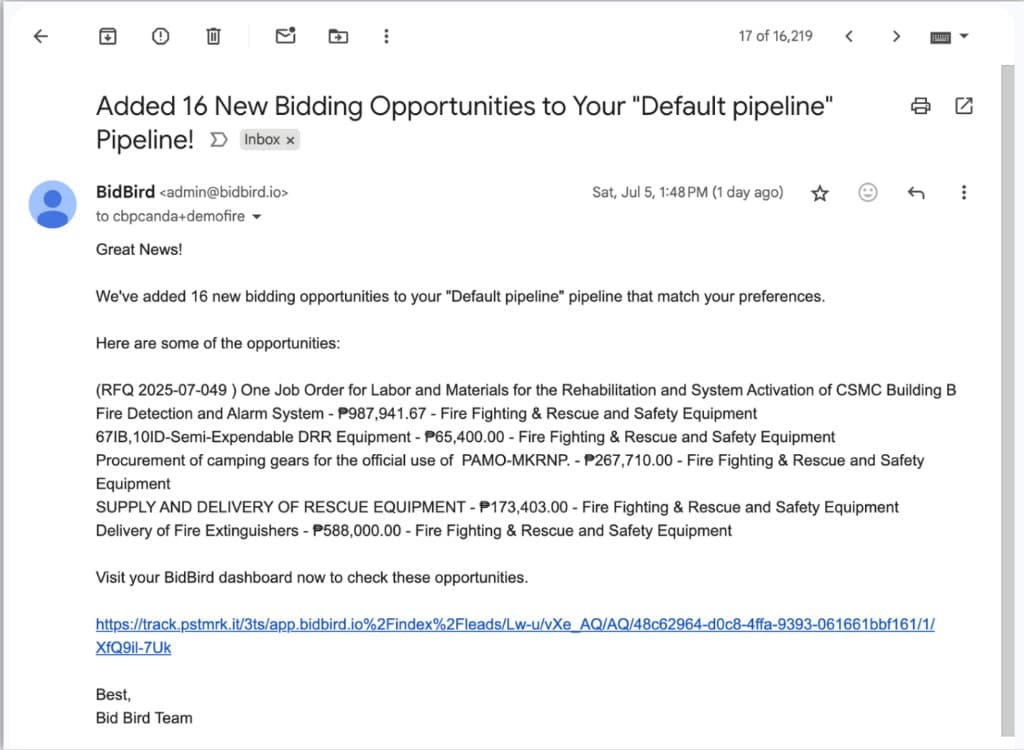BidBird email in Gmail: new bidding opportunities added to your pipeline
