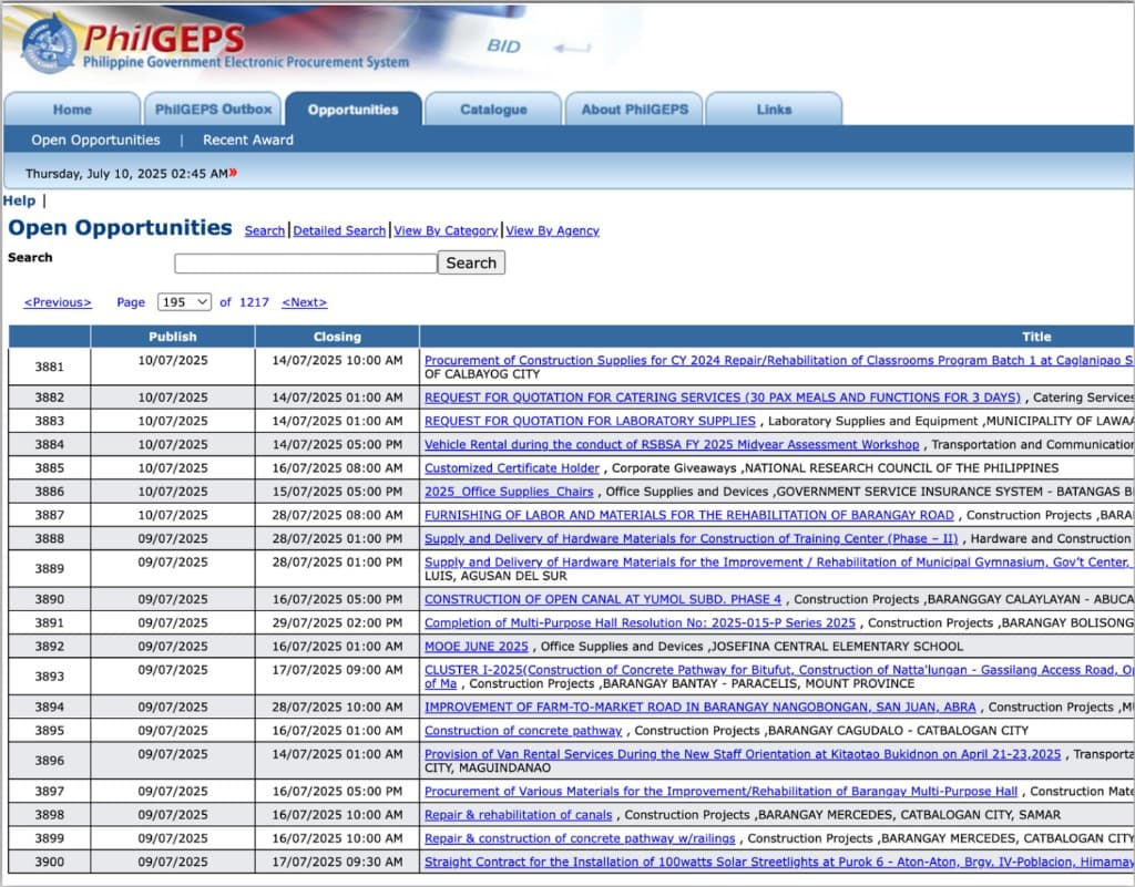 PhilGEPS Open Opportunities — long paginated list of government bids